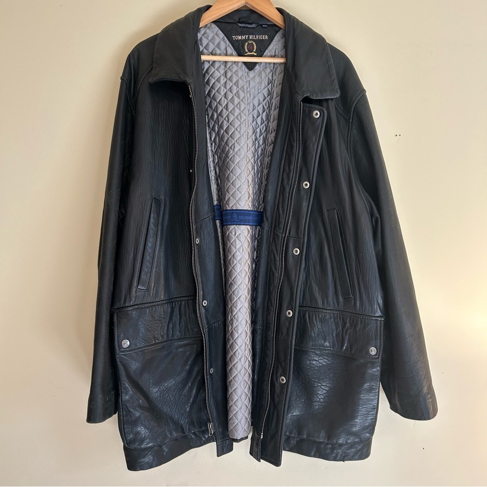 Vintage 90s Tommy Hilfiger Black Leather Quilted Jacket Crest Logo Men’s XL